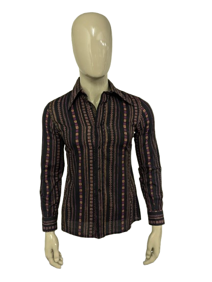 Vintage 70's Brummel Paris overhemd met puntkraag. Zwart Paars Beige print. Maat M.