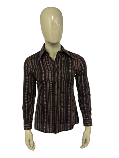 Vintage 70's Brummel Paris overhemd met puntkraag. Zwart Paars Beige print. Maat M.