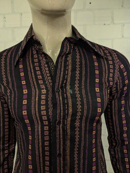 Vintage 70's Brummel Paris overhemd met puntkraag. Zwart Paars Beige print. Maat M.