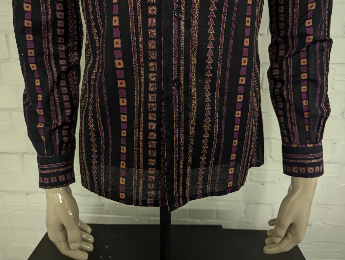 Vintage 70's Brummel Paris overhemd met puntkraag. Zwart Paars Beige print. Maat M.