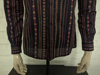 Vintage 70's Brummel Paris overhemd met puntkraag. Zwart Paars Beige print. Maat M.