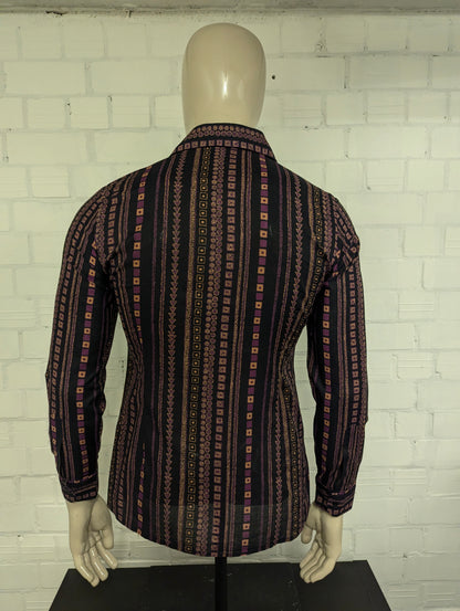 Vintage 70's Brummel Paris overhemd met puntkraag. Zwart Paars Beige print. Maat M.
