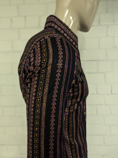 Vintage 70's Brummel Paris overhemd met puntkraag. Zwart Paars Beige print. Maat M.