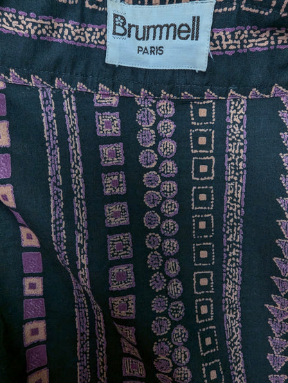 Vintage 70's Brummel Paris overhemd met puntkraag. Zwart Paars Beige print. Maat M.