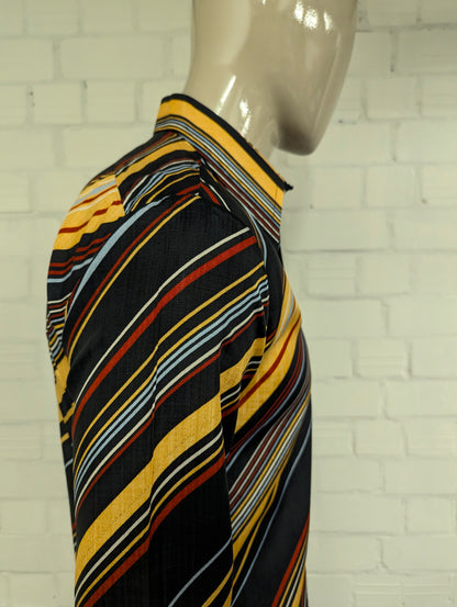 Vintage 70's overhemd met puntkraag. Geel Rood Zwart Grijs gestreept. Maat M. #729.