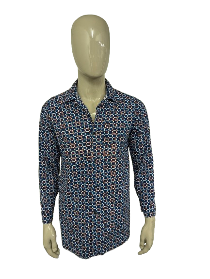Vintage overhemd. Bordeaux Blauw Witte 70's print. Maat L. #735.