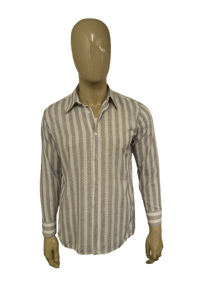 Vintage 70's Men's Fashion overhemd met puntkraag en type manchetknopen. Wit Grijs motief. Maat L.