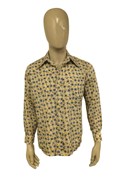 Vintage 70's 100.000 Chemises overhemd met puntkraag. Mosterd Geel Blauw Beige print. Maat L.