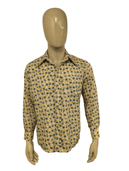 Vintage 70's 100.000 Chemises overhemd met puntkraag. Mosterd Geel Blauw Beige print. Maat L.