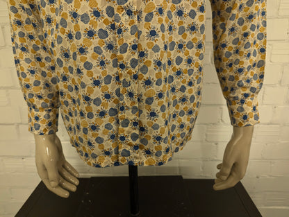 Vintage 70's 100.000 Chemises overhemd met puntkraag. Mosterd Geel Blauw Beige print. Maat L.