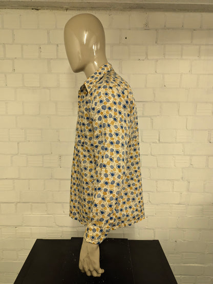 Vintage 70's 100.000 Chemises overhemd met puntkraag. Mosterd Geel Blauw Beige print. Maat L.