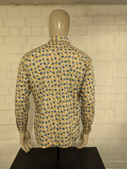 Vintage 70's 100.000 Chemises overhemd met puntkraag. Mosterd Geel Blauw Beige print. Maat L.
