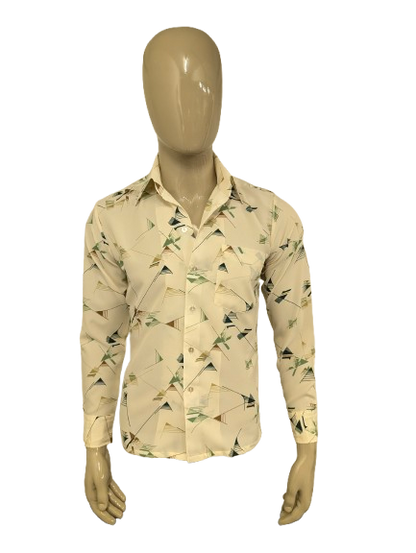 Prachtig Vintage 70's Landmark 393 overhemd met puntkraag. Groen Bruin Beige print. Maat M.