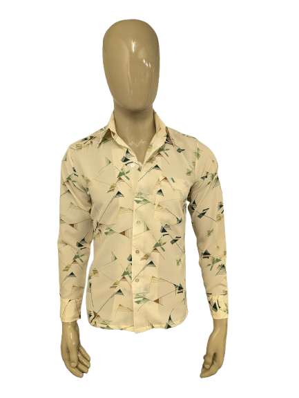 Prachtig Vintage 70's Landmark 393 overhemd met puntkraag. Groen Bruin Beige print. Maat M.