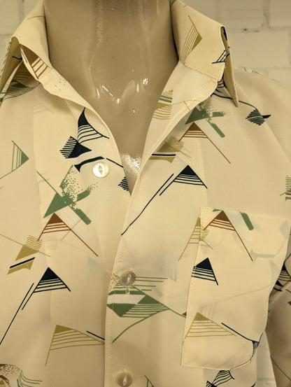 Prachtig Vintage 70's Landmark 393 overhemd met puntkraag. Groen Bruin Beige print. Maat M.