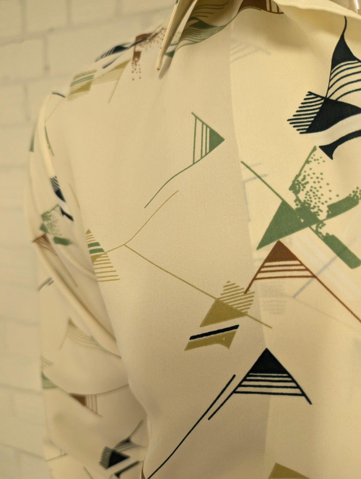 Prachtig Vintage 70's Landmark 393 overhemd met puntkraag. Groen Bruin Beige print. Maat M.