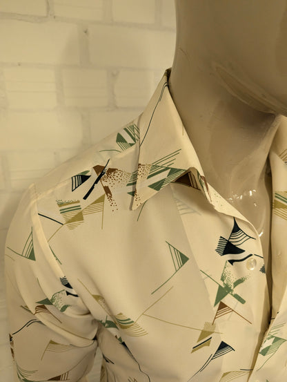 Prachtig Vintage 70's Landmark 393 overhemd met puntkraag. Groen Bruin Beige print. Maat M.