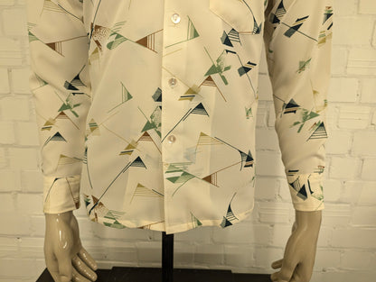Prachtig Vintage 70's Landmark 393 overhemd met puntkraag. Groen Bruin Beige print. Maat M.