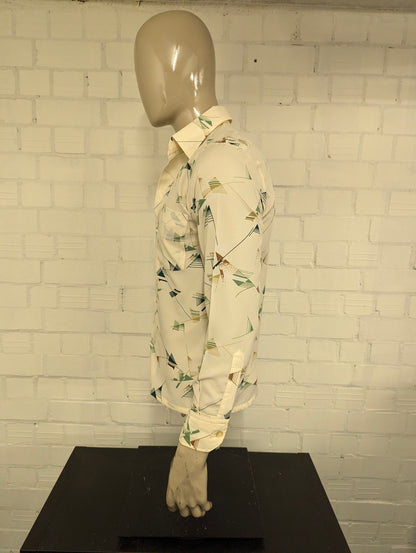 Prachtig Vintage 70's Landmark 393 overhemd met puntkraag. Groen Bruin Beige print. Maat M.