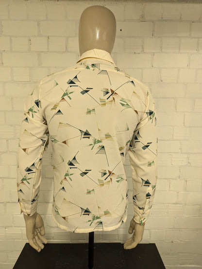 Prachtig Vintage 70's Landmark 393 overhemd met puntkraag. Groen Bruin Beige print. Maat M.