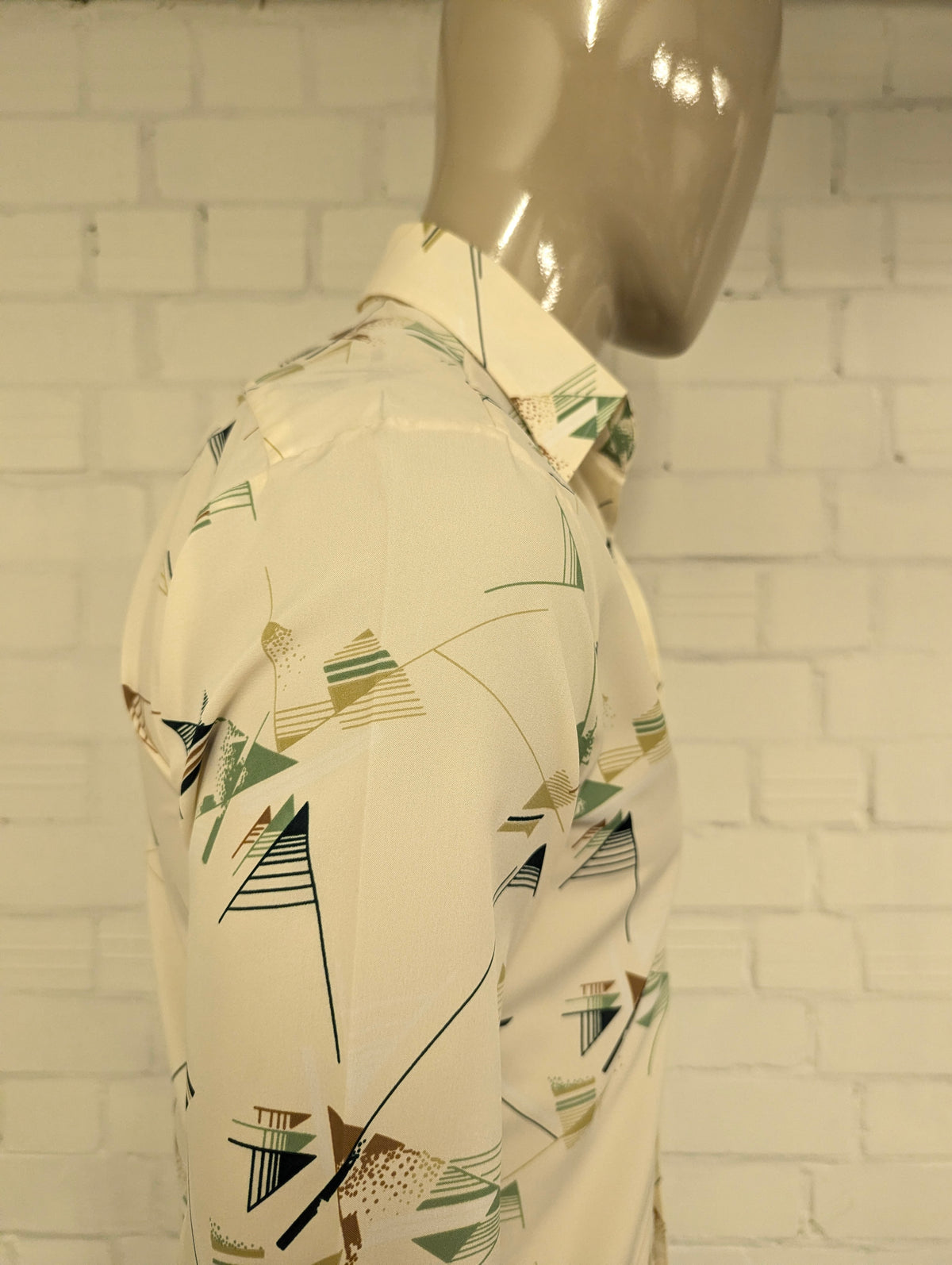 Prachtig Vintage 70's Landmark 393 overhemd met puntkraag. Groen Bruin Beige print. Maat M.
