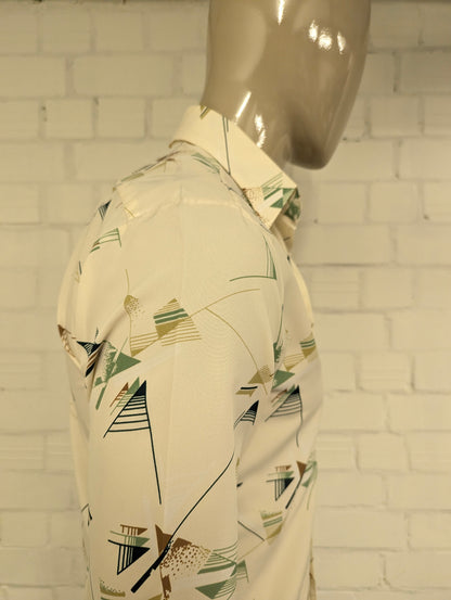 Prachtig Vintage 70's Landmark 393 overhemd met puntkraag. Groen Bruin Beige print. Maat M.