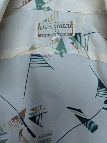 Prachtig Vintage 70's Landmark 393 overhemd met puntkraag. Groen Bruin Beige print. Maat M.