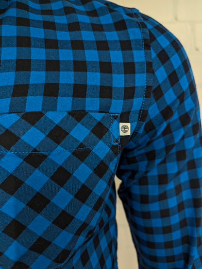 Timberland overhemd. Blauw Zwart geblokt. Maat S. slim fit.