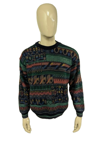 Vintage Blue Seven Wollen trui. Groen Blauw Rood Bruin geleurd. Maat XL.