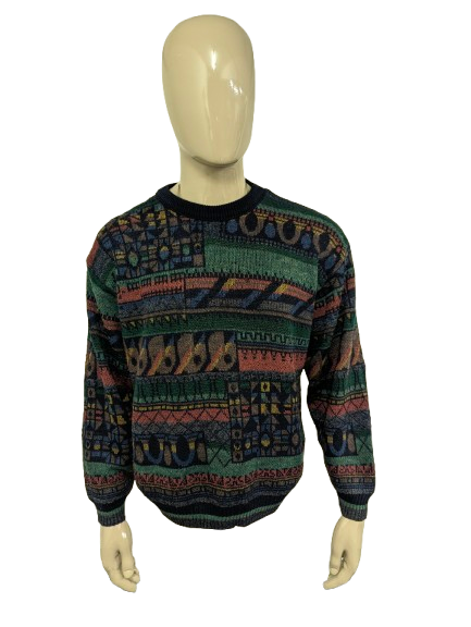 Vintage Blue Seven Wollen trui. Groen Blauw Rood Bruin geleurd. Maat XL.