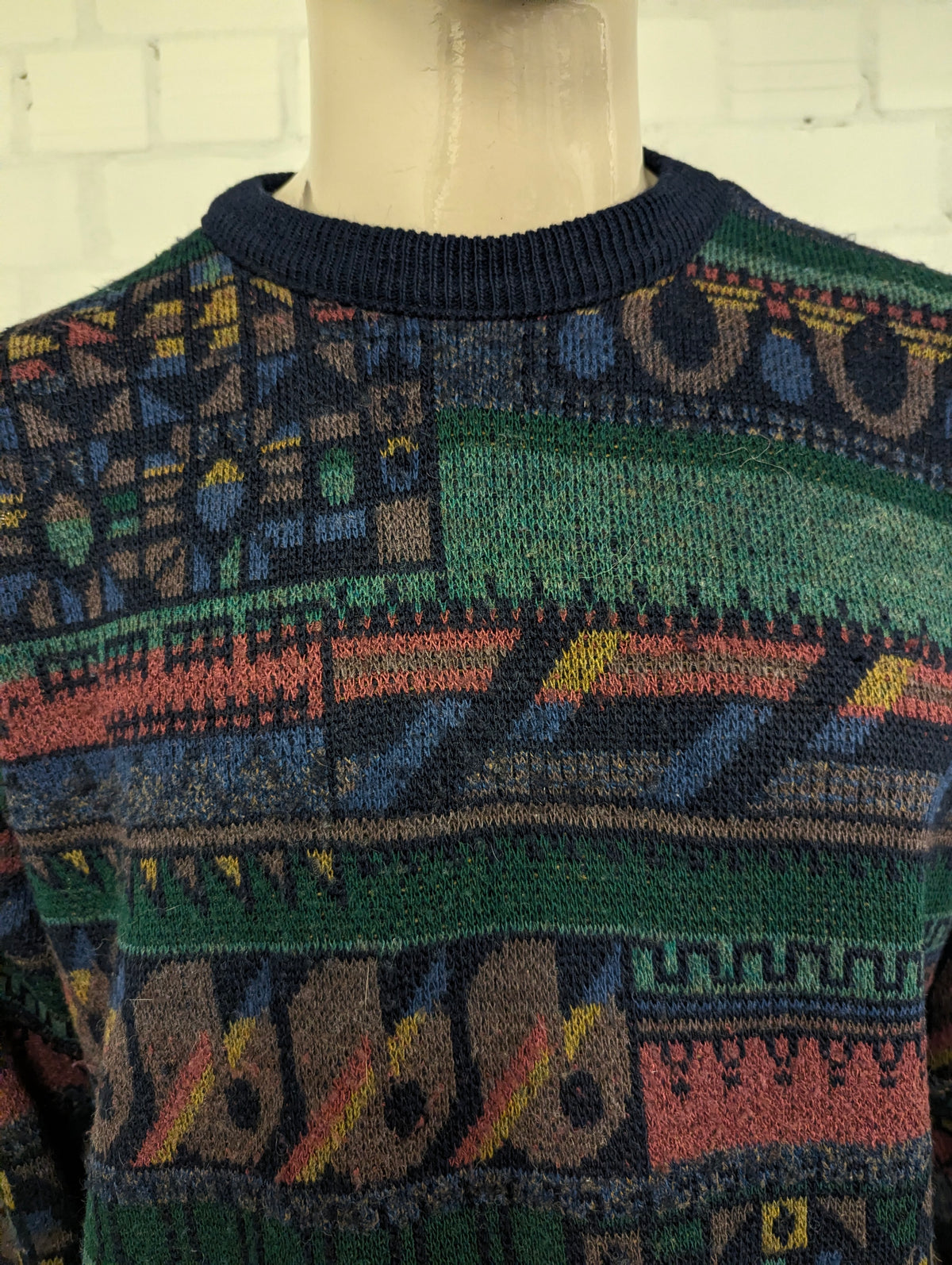 Vintage Blue Seven Wollen trui. Groen Blauw Rood Bruin geleurd. Maat XL.