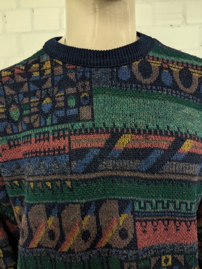 Vintage Blue Seven Wollen trui. Groen Blauw Rood Bruin geleurd. Maat XL.