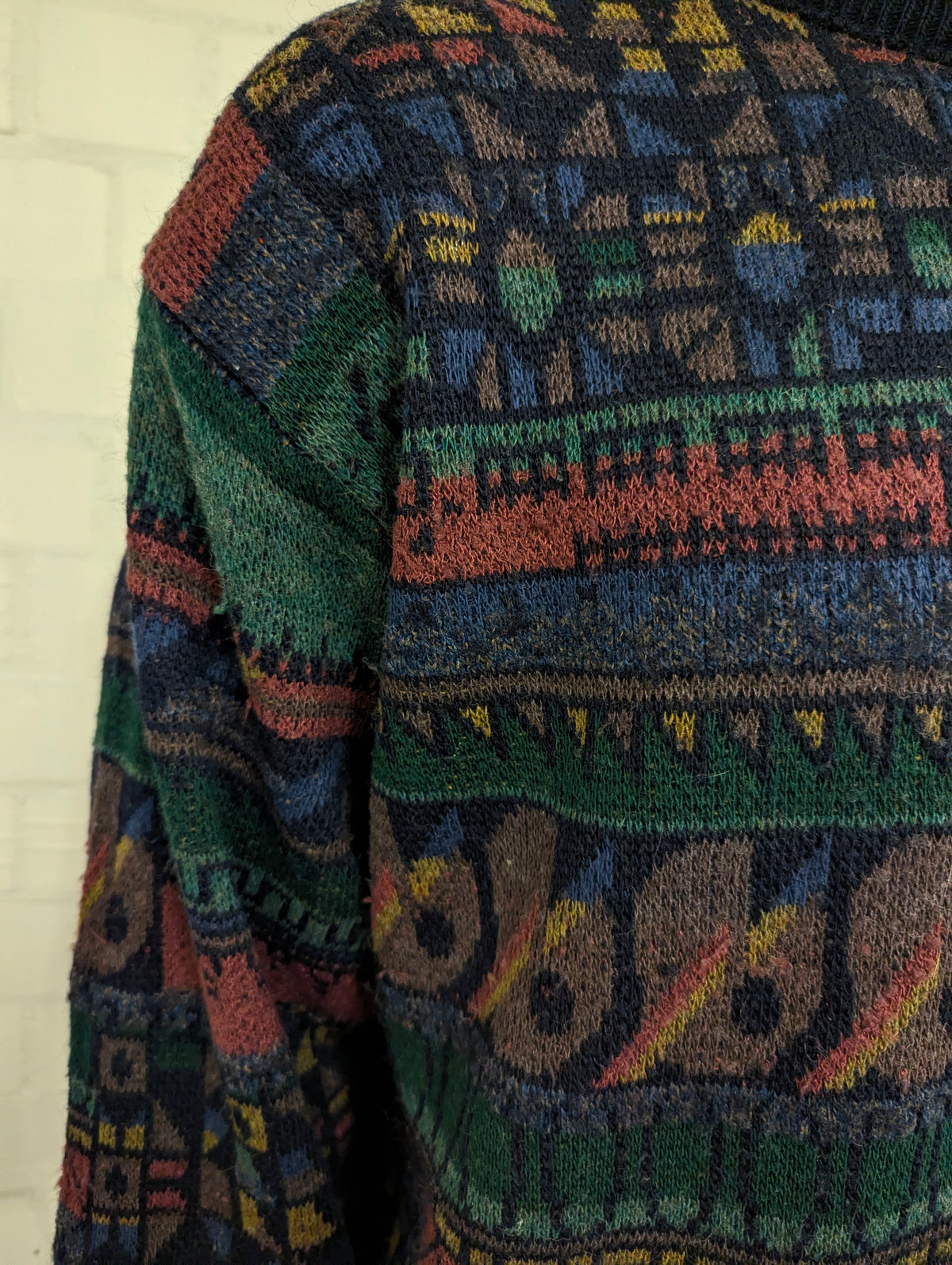 Vintage Blue Seven Wollen trui. Groen Blauw Rood Bruin geleurd. Maat XL.
