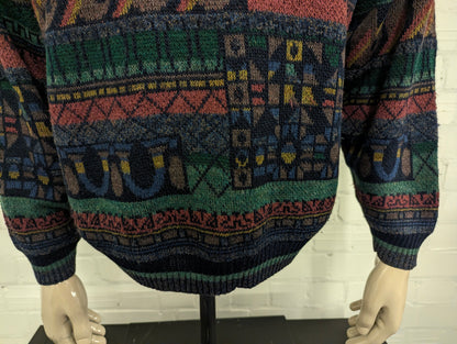 Vintage Blue Seven Wollen trui. Groen Blauw Rood Bruin geleurd. Maat XL.
