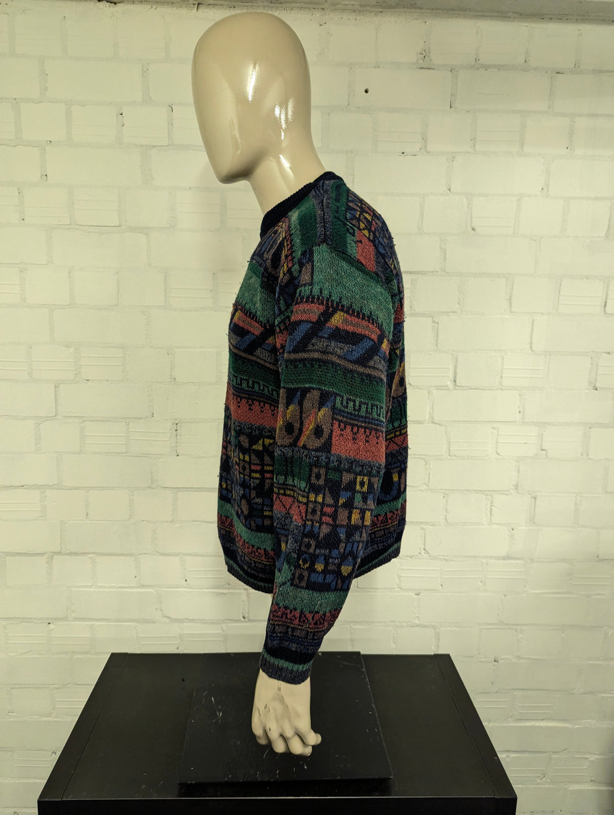Vintage Blue Seven Wollen trui. Groen Blauw Rood Bruin geleurd. Maat XL.