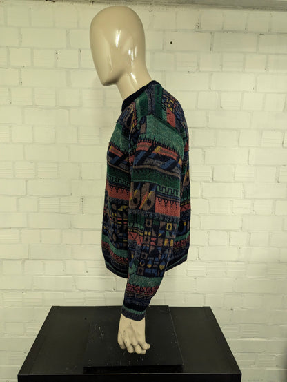 Vintage Blue Seven Wollen trui. Groen Blauw Rood Bruin geleurd. Maat XL.