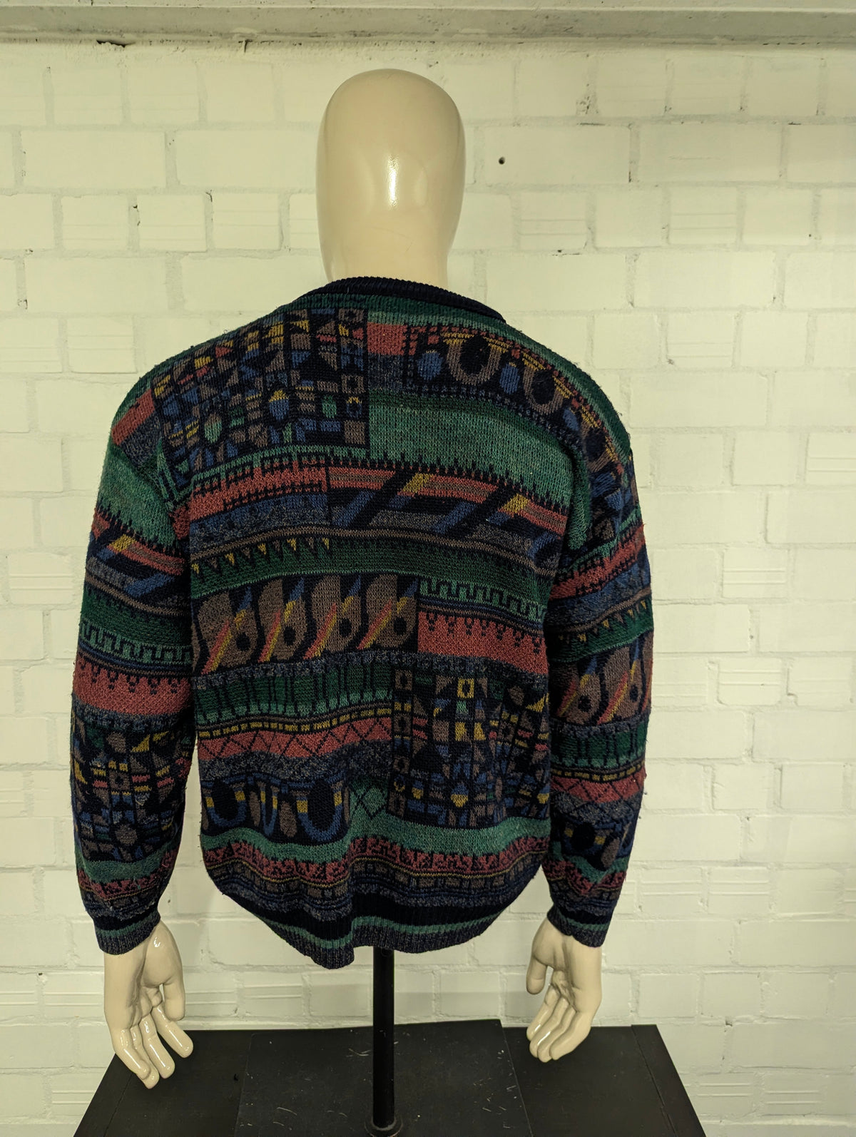 Vintage Blue Seven Wollen trui. Groen Blauw Rood Bruin geleurd. Maat XL.