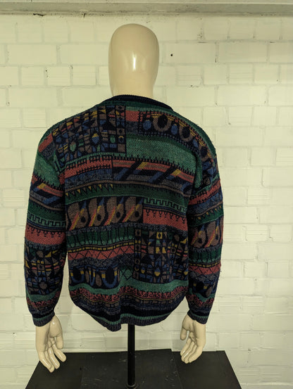 Vintage Blue Seven Wollen trui. Groen Blauw Rood Bruin geleurd. Maat XL.