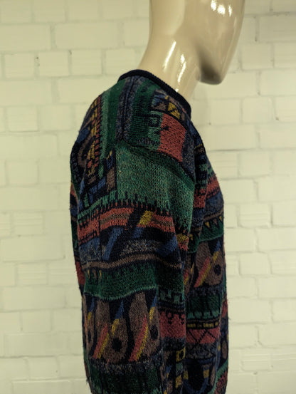 Vintage Blue Seven Wollen trui. Groen Blauw Rood Bruin geleurd. Maat XL.