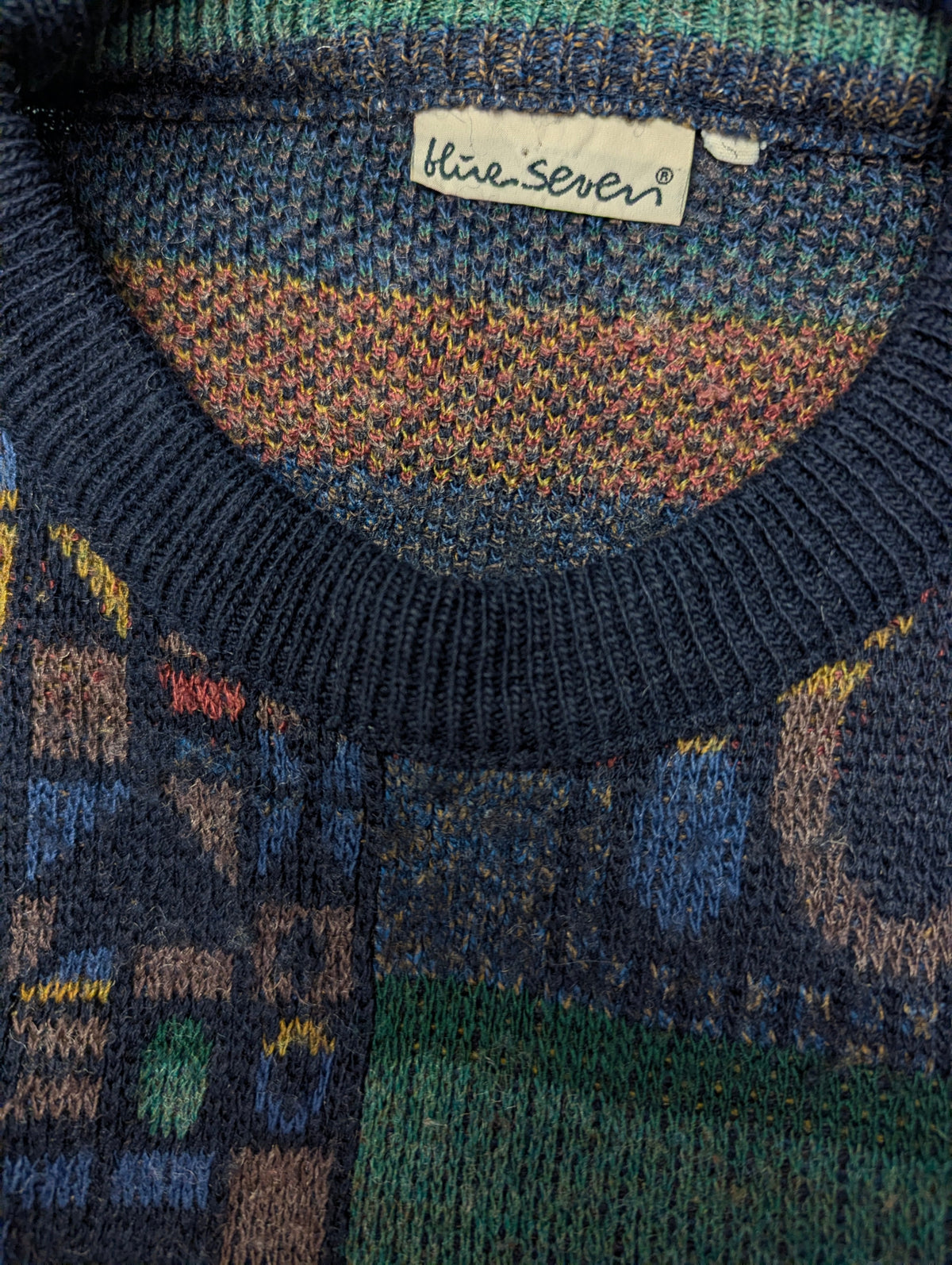 Vintage Blue Seven Wollen trui. Groen Blauw Rood Bruin geleurd. Maat XL.