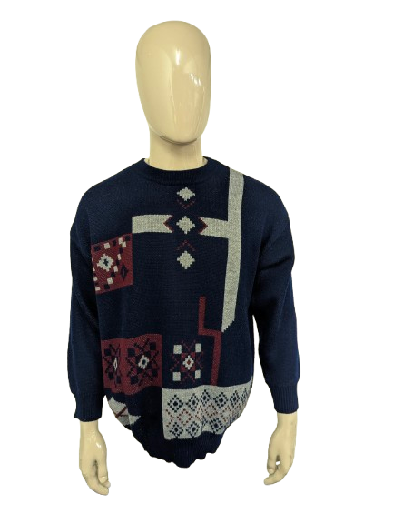 Vintage Wollen trui. Donker Blauw Rood Grijs gekleurd. Maat XL. #740