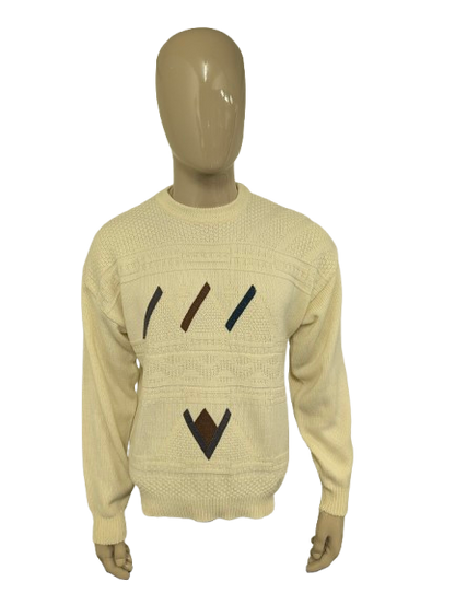 Vintage trui. Beige met Bruin Groen Blauwe applicaties. Maat L. #736.