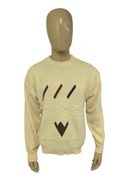 Vintage trui. Beige met Bruin Groen Blauwe applicaties. Maat L. #736.
