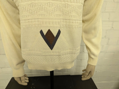 Vintage trui. Beige met Bruin Groen Blauwe applicaties. Maat L. #736.