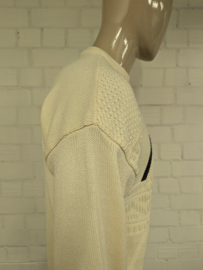 Vintage trui. Beige met Bruin Groen Blauwe applicaties. Maat L. #736.