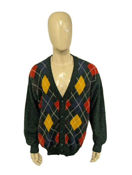 Vintage Enzo Lorenzo Wollen vest. Groen Rood Geel Paarse Argyle motief. Maat 2XL / XXL.