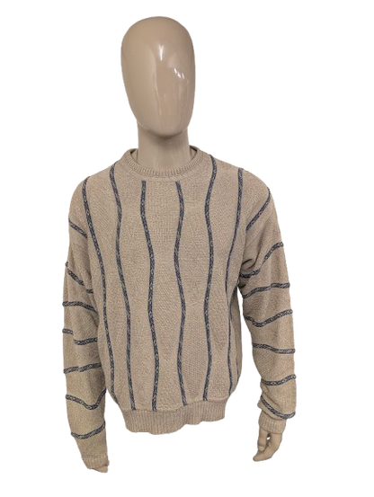 Vintage trui. Beige Blauw Golvend gestreept motief. Maat XL. #738.