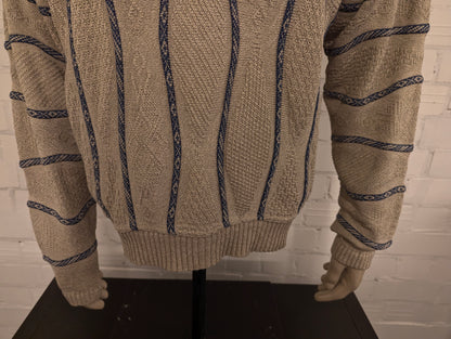 Vintage trui. Beige Blauw Golvend gestreept motief. Maat XL. #738.