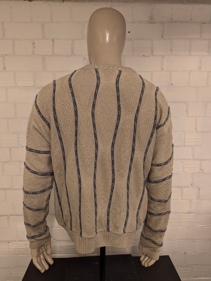 Vintage trui. Beige Blauw Golvend gestreept motief. Maat XL. #738.
