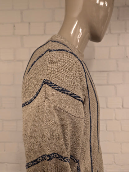 Vintage trui. Beige Blauw Golvend gestreept motief. Maat XL. #738.